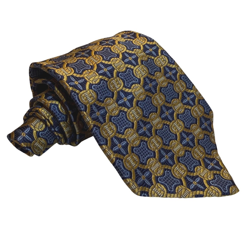 Robert Talbott Tie Mens OS Geometric Silk Navy Gold Best of Class Hand Sewn USA